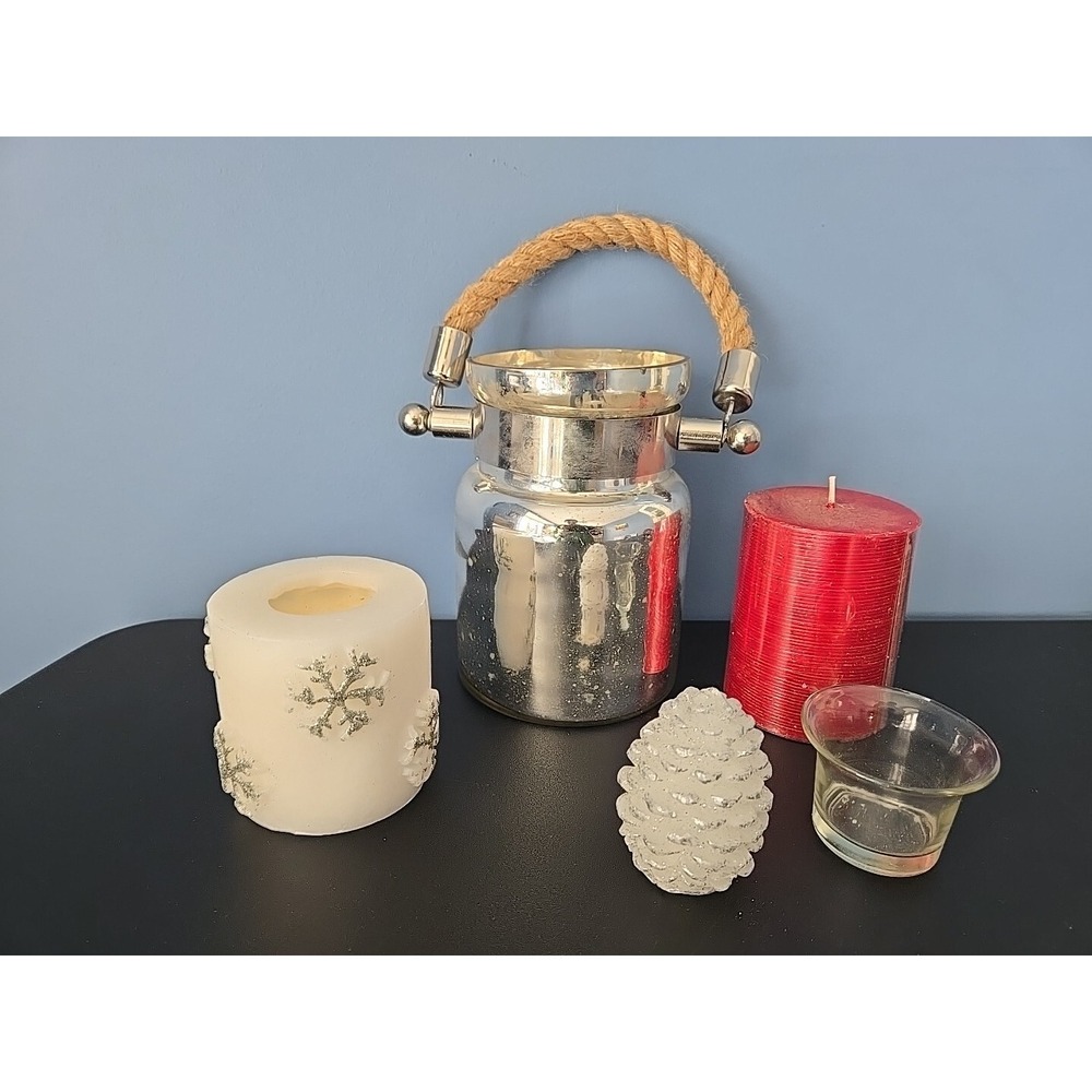 Lot Of Winter Glass Lantern w Rope Handle Votive Tealight 3 Candles Cone, Snow